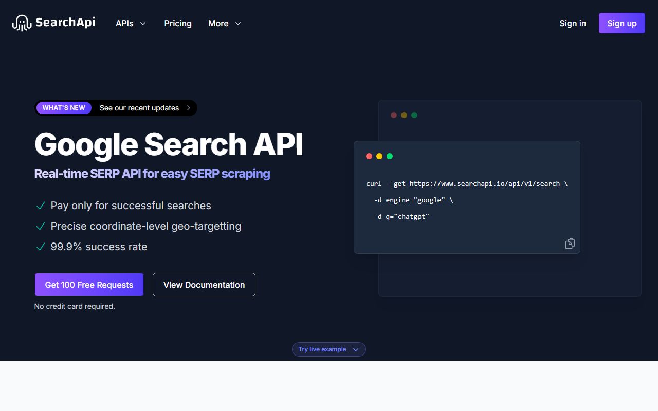 Screenshot of the SearchAPI.io website (searchapi.io)
