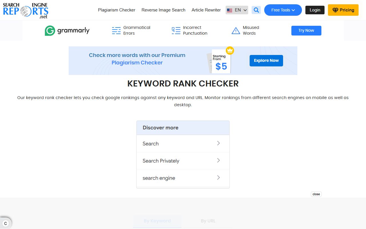 Screenshot of the Keyword Rank Checker website (searchenginereports.net)