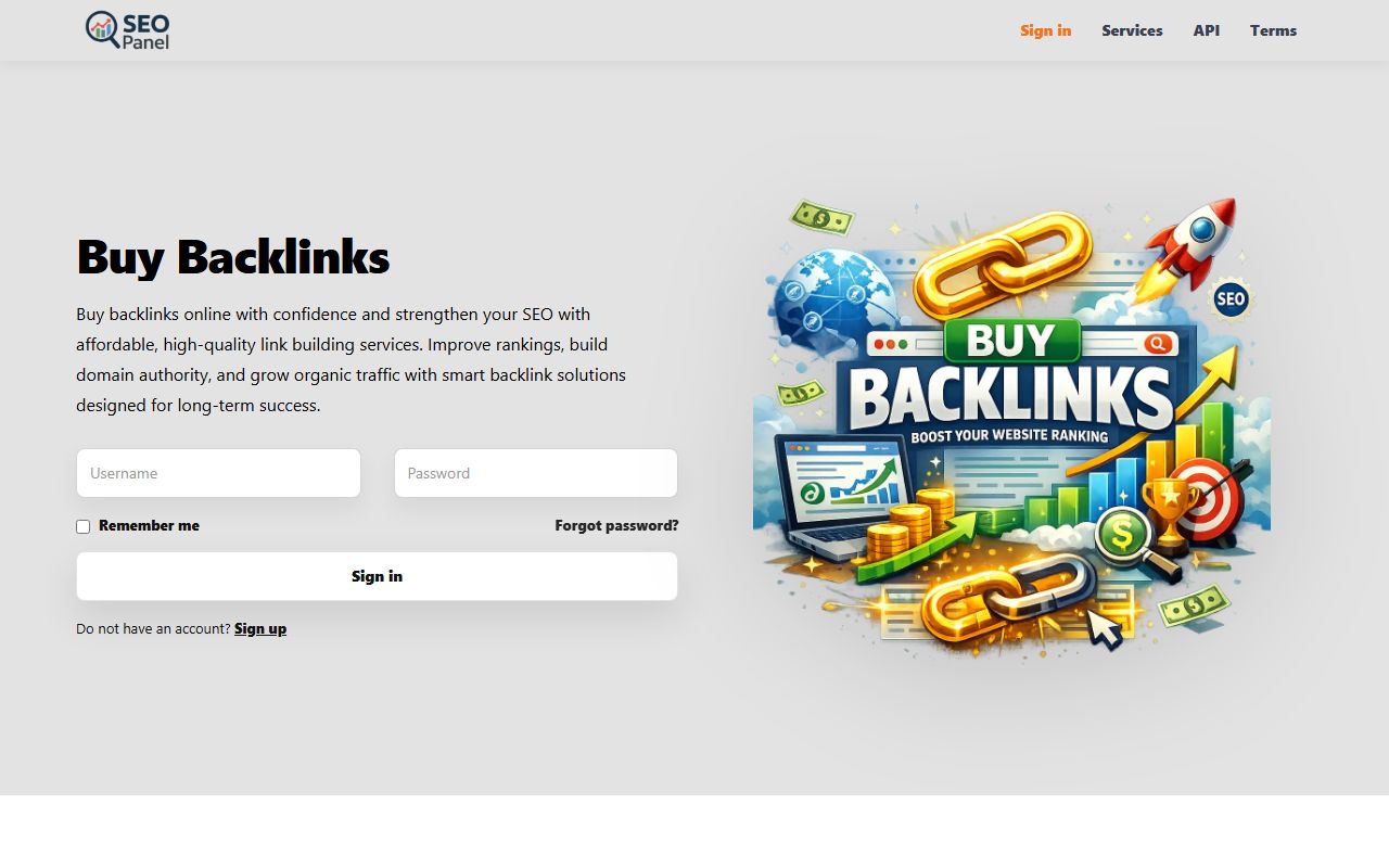 Seo-panel homepage with the headline Buy Backlinks and a sign-in form