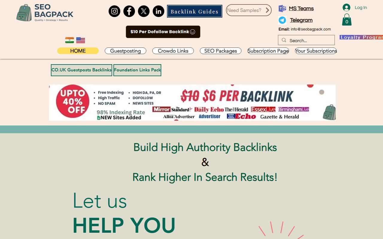 Screenshot of the SeoBagpack website (seobagpack.com)