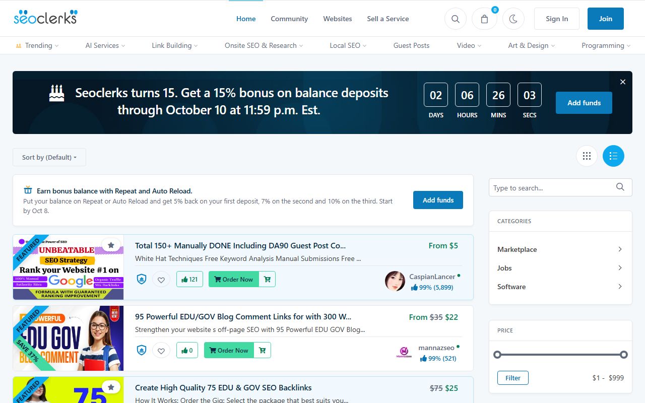 Screenshot of the SEOClerks website (seoclerks.com)