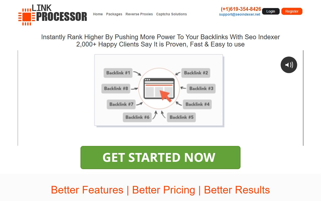 Homepage of Seo Indexer with Link Processor logo, headline and green Get Started Now button