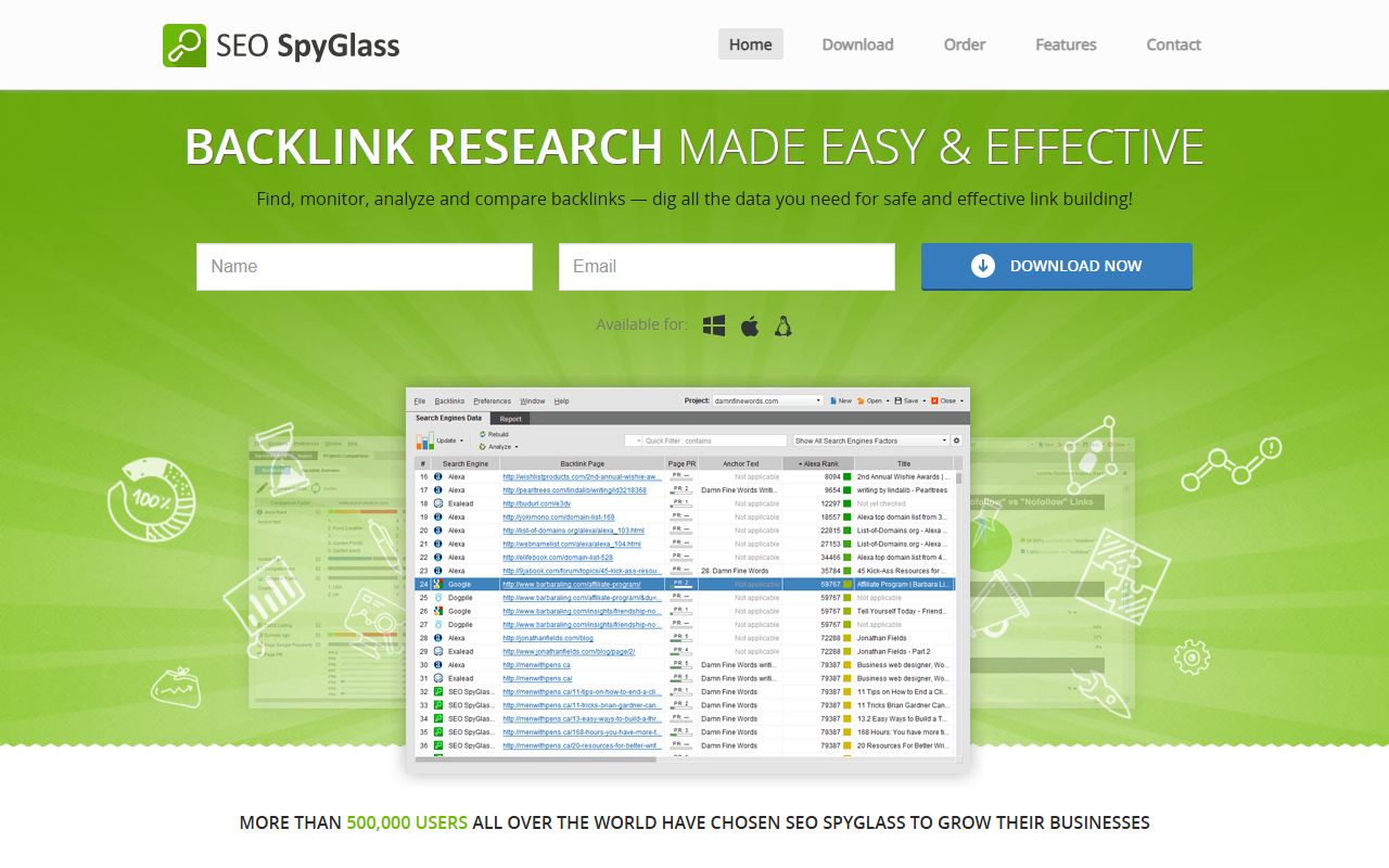 Screenshot of the SEO SpyGlass website (seospyglass.com)