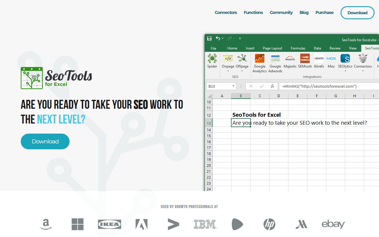 Screenshot of the SeoTools for Excel website (seotoolsforexcel.com)