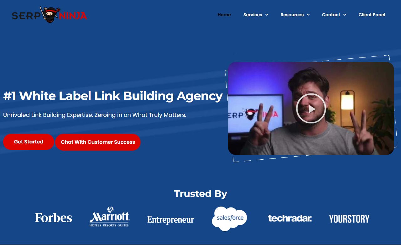 SERPninja homepage: dark blue hero with a ninja logo, the headline '#1 White Label Link Building Agency', two red buttons and a video thumbnail of a man in front of a monitor