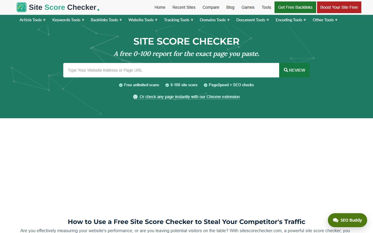 Screenshot of the Site Score Checker website (sitescorechecker.com)