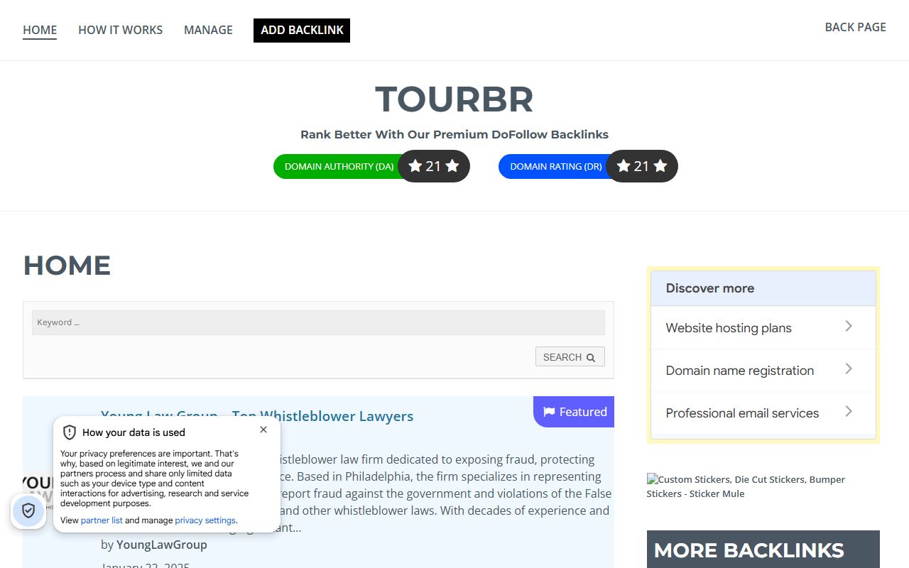 TOURBR homepage with the logo, the tagline Rank Better With Our Premium DoFollow Backlinks, green DA 21 and blue DR 21 badges, and a featured law-firm listing