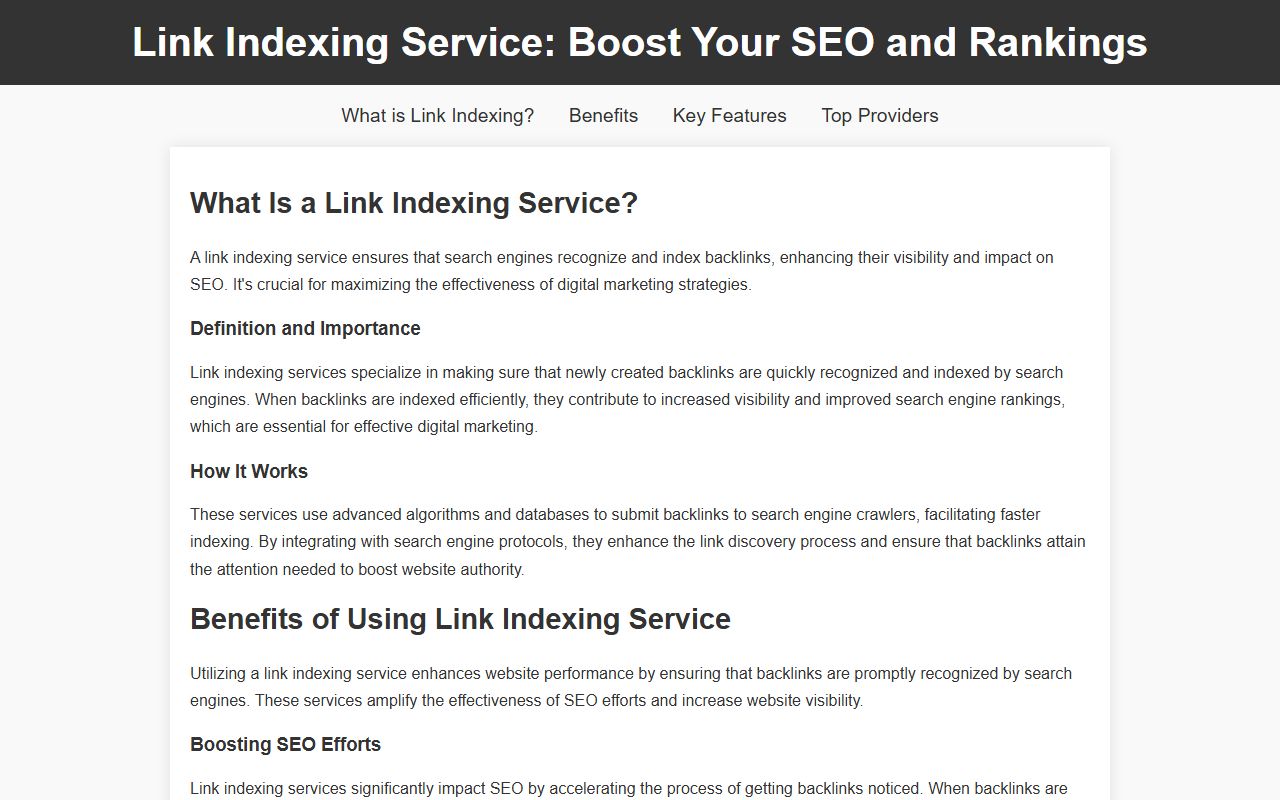 Screenshot of the Link Indexing Service website (link-indexing-service.vercel.app)