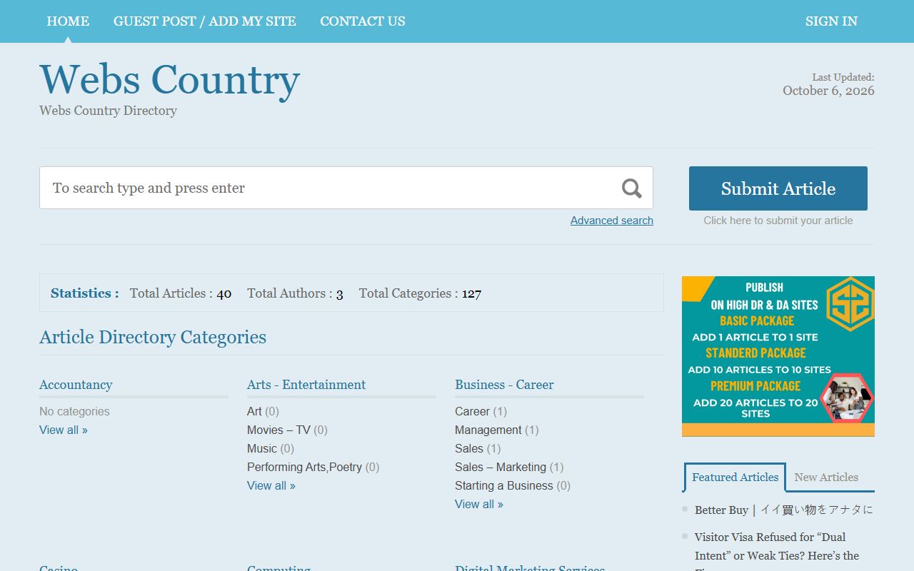 Screenshot of the Webs Country website (webscountry.com)
