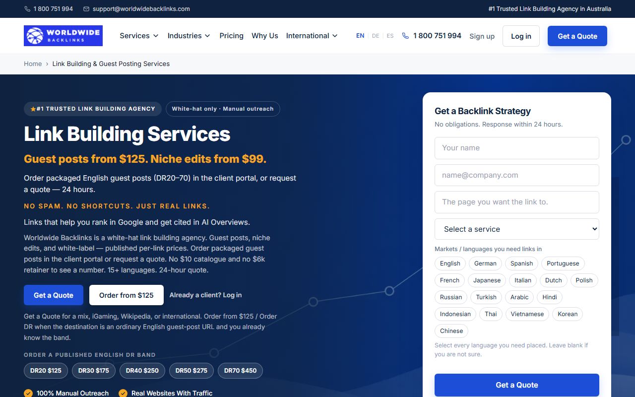 Screenshot of the Worldwide Backlinks website (worldwidebacklinks.com)